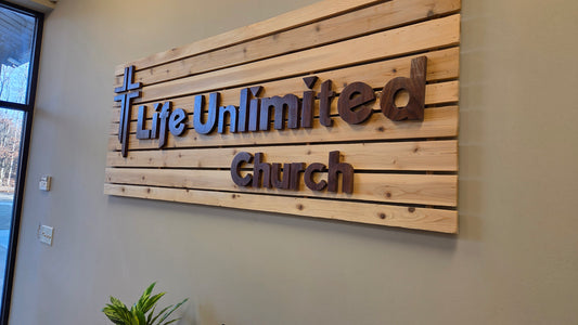 Custom Church Sign: Cedar Background, Walnut Letters